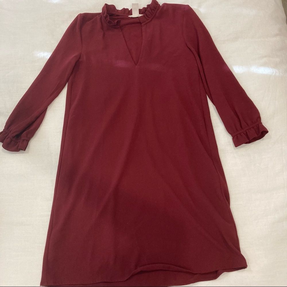 H&M Burgundy Long Sleeve Shift Dress Size 2